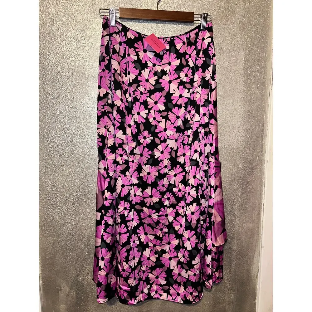 Kate Spade Wallflower Satin Floral Skirt Size 10 NWT Pink Black Asymmetrical